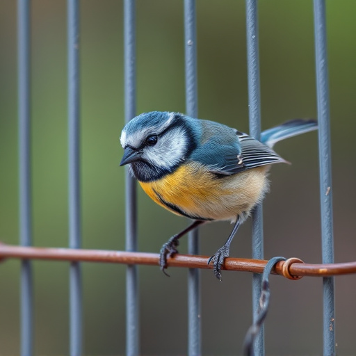 Blue tit eating suet from hanging cage