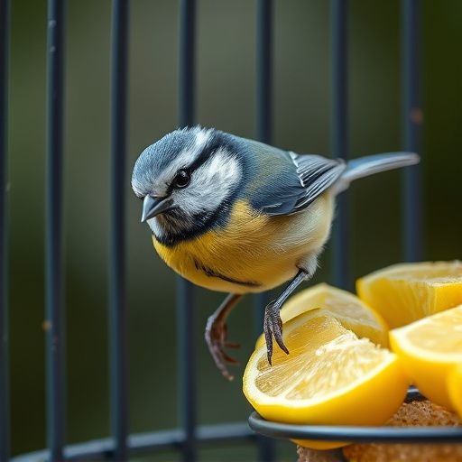 Blue tit eating suet from hanging cage