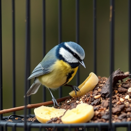 Blue tit eating suet from hanging cage