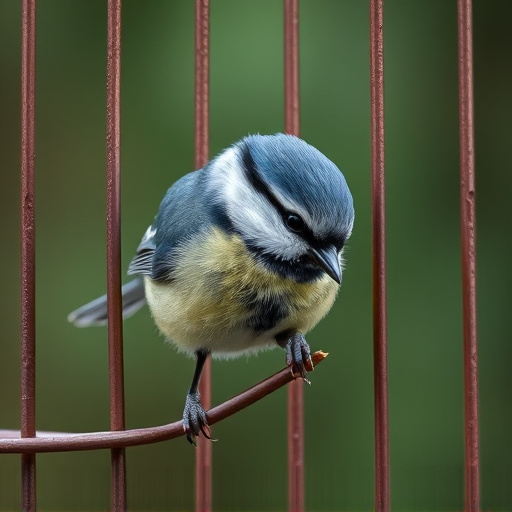 Blue tit eating suet from hanging cage