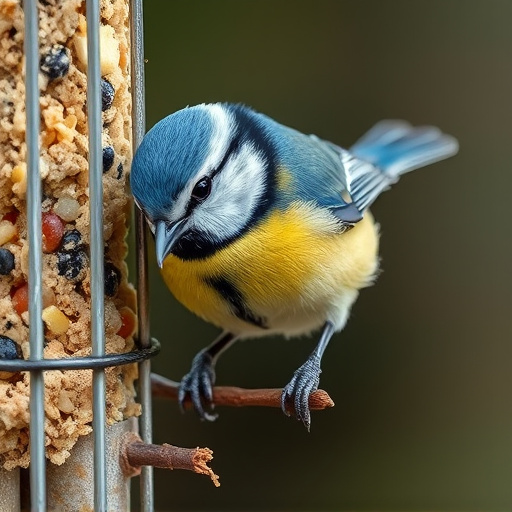 Blue tit eating suet from hanging cage