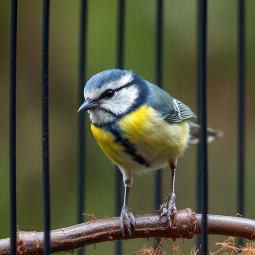 Blue tit eating suet from hanging cage