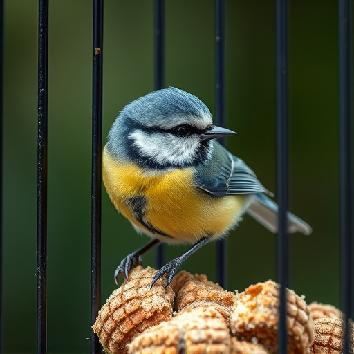 Blue tit eating suet from hanging cage