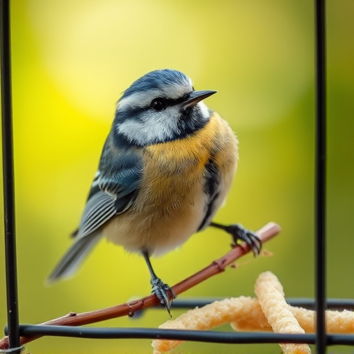 Blue tit eating suet from hanging cage