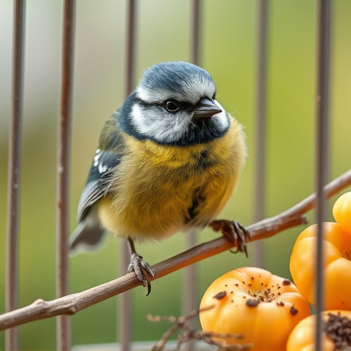 Blue tit eating suet from hanging cage