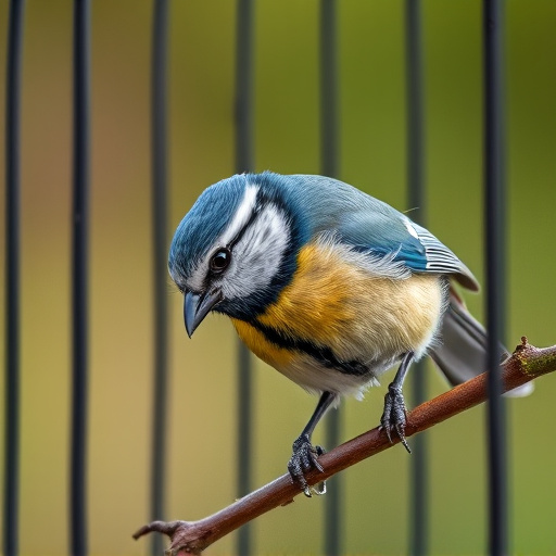 Blue tit eating suet from hanging cage