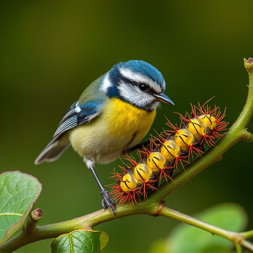 Blue tit feeding on caterpillars