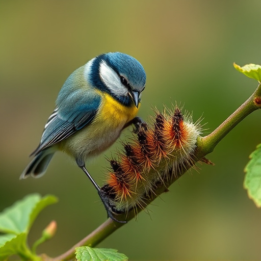 Blue tit feeding on caterpillars