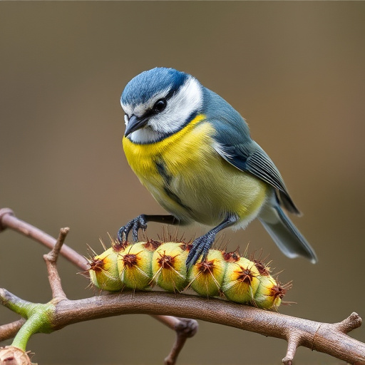 Blue tit feeding on caterpillars
