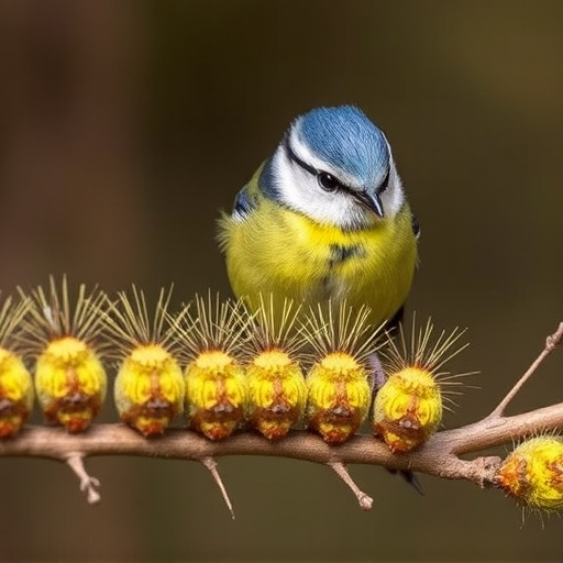 Blue tit feeding on caterpillars