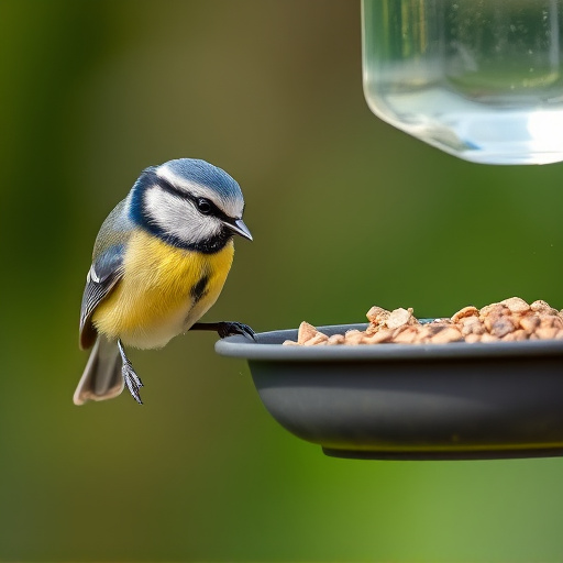 Blue tit feeding on hanging feeder