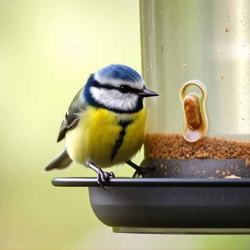 Blue tit feeding on hanging feeder