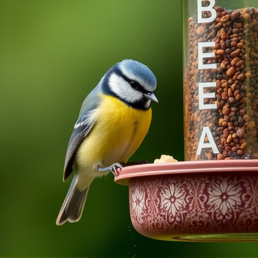Blue tit feeding on hanging feeder