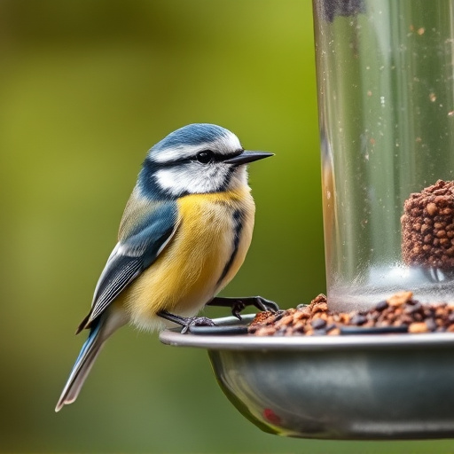Blue tit feeding on hanging feeder