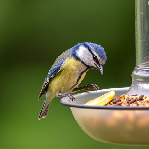 Blue tit feeding on hanging feeder