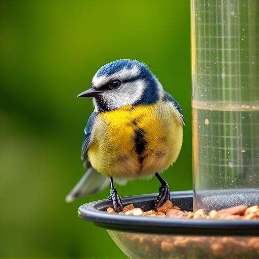 Blue tit feeding on hanging feeder
