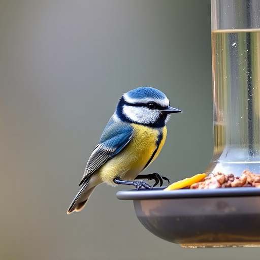 Blue tit feeding on hanging feeder
