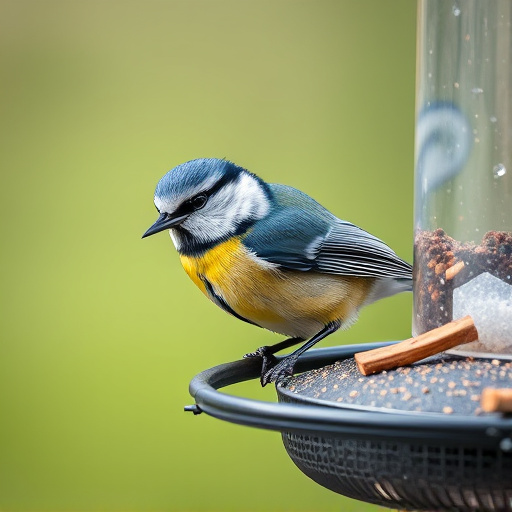 Blue tit feeding on hanging feeder