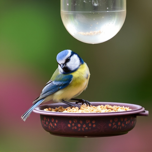 Blue tit feeding on hanging feeder
