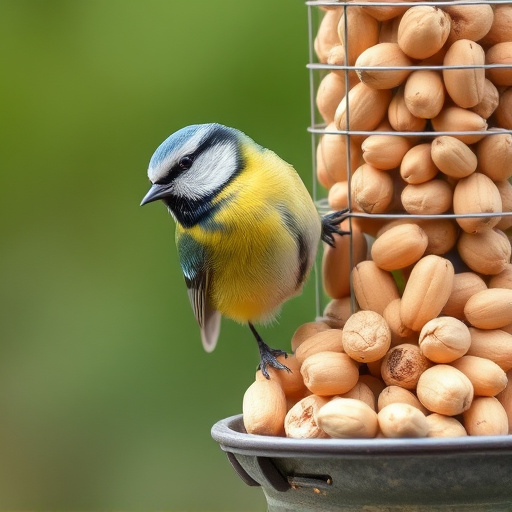 Blue tit feeding on hanging peanut feeder