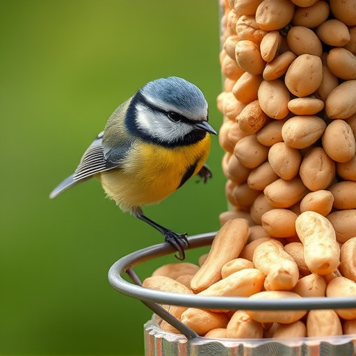 Blue tit feeding on hanging peanut feeder