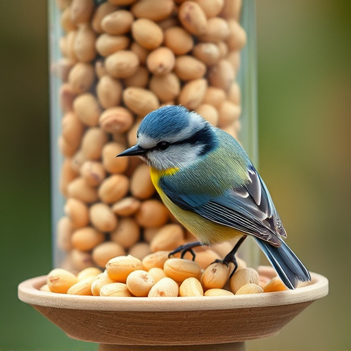 Blue tit feeding on hanging peanut feeder