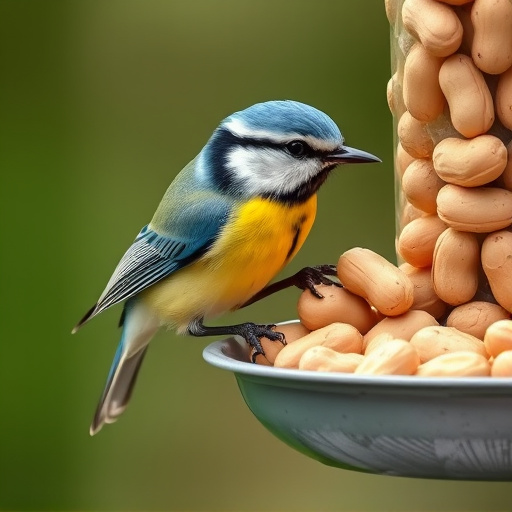 Blue tit feeding on hanging peanut feeder