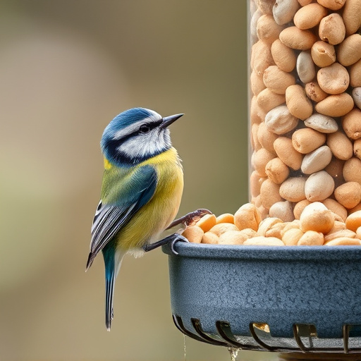 Blue tit feeding on hanging peanut feeder