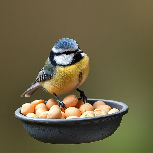 Blue tit feeding on hanging peanut feeder