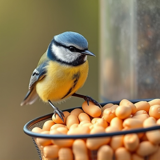Blue tit feeding on hanging peanut feeder