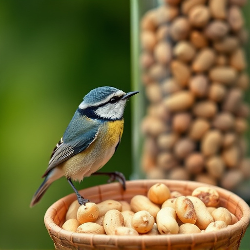 Blue tit feeding on hanging peanut feeder