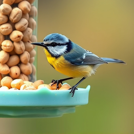 Blue tit feeding on hanging peanut feeder
