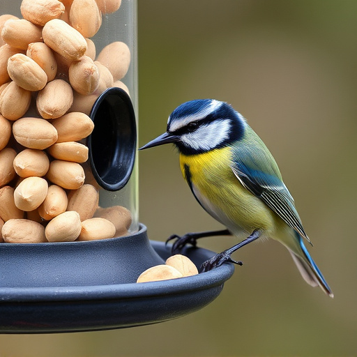 Blue tit feeding on hanging peanut feeder