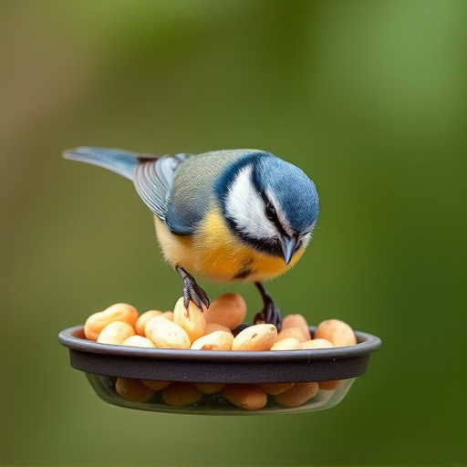 Blue tit feeding on hanging peanut feeder