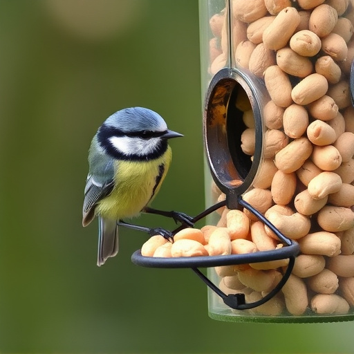 Blue tit feeding on hanging peanut feeder