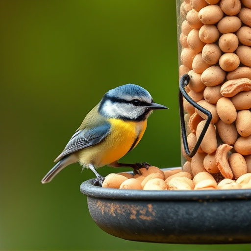 Blue tit feeding on hanging peanut feeder