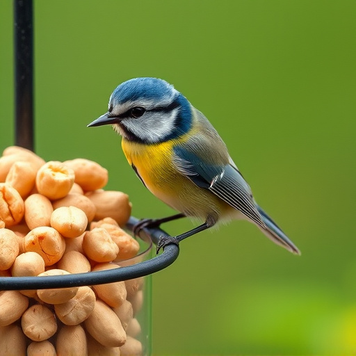 Blue tit feeding on hanging peanut feeder