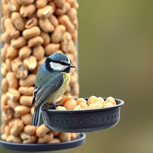 Blue tit feeding on hanging peanut feeder