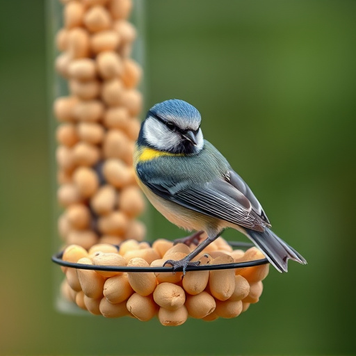 Blue tit feeding on hanging peanut feeder