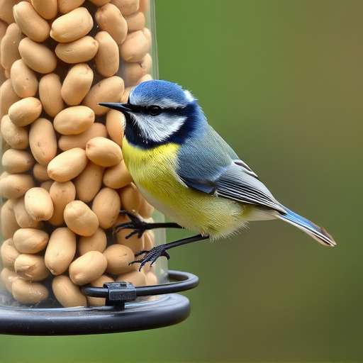 Blue tit feeding on hanging peanut feeder