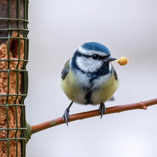 Blue tit holding seed in its beak