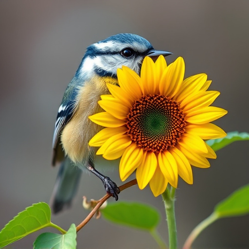 Blue tit holding sunflower heart in beak