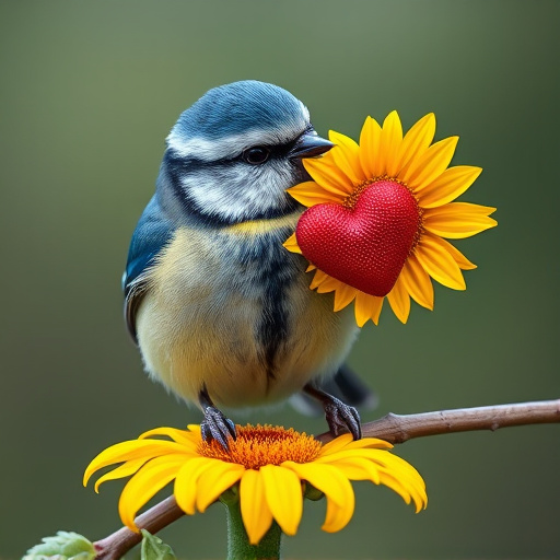 Blue tit holding sunflower heart in beak
