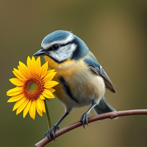 Blue tit holding sunflower heart in beak