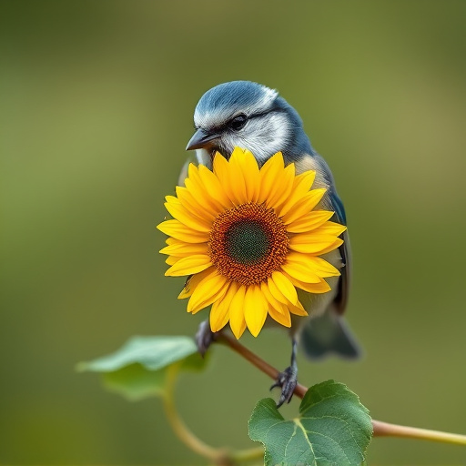 Blue tit holding sunflower heart in beak