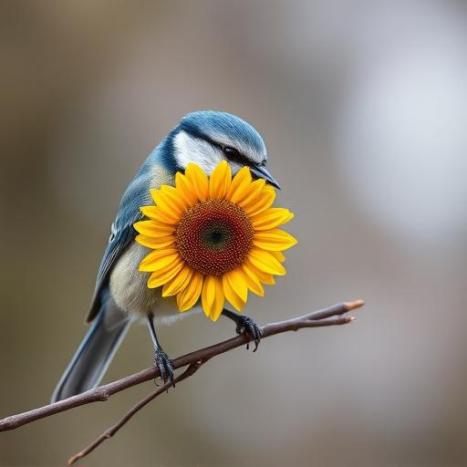 Blue tit holding sunflower heart in beak