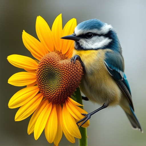 Blue tit holding sunflower heart in beak