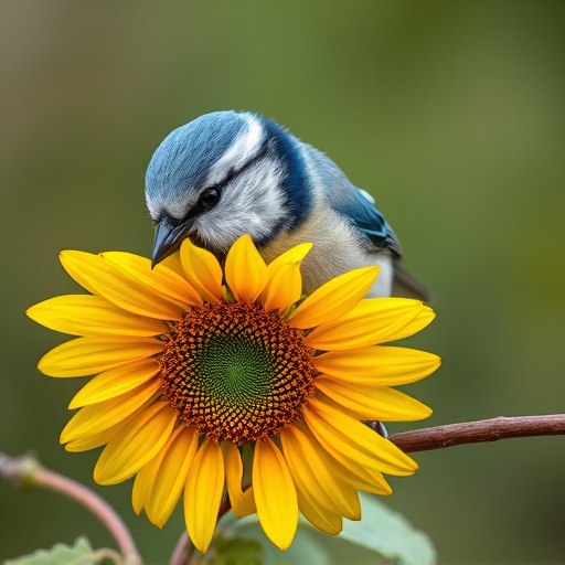 Blue tit holding sunflower heart in beak