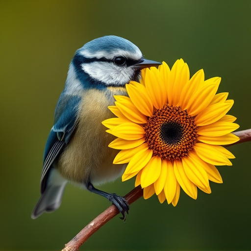 Blue tit holding sunflower heart in beak