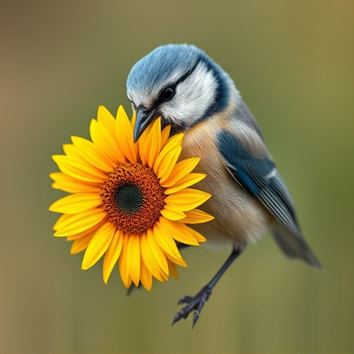 Blue tit holding sunflower heart in beak
